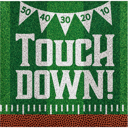 Tailgate Time Touch Down Football Beverage Napkins 192 ct. Green sports-themed paper with 'Touchdown!' text and football design