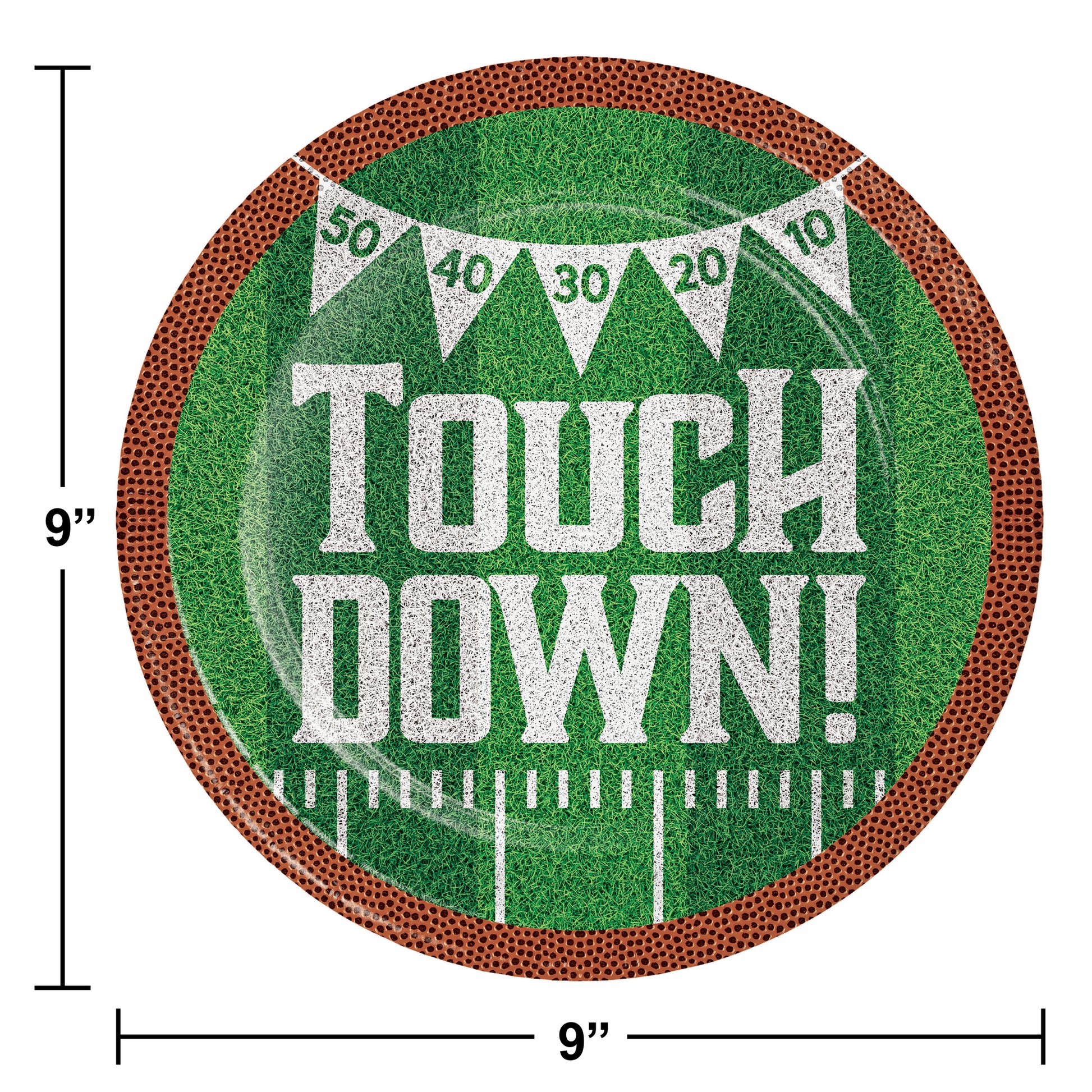 Tailgate Time Touch Down Dinner Paper Plates 96 ct. Football paper plate with "Touch Down!" written on it on a grass background with brown rim. Dimensions included