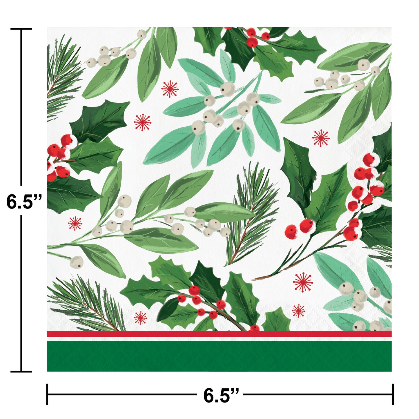 Christmas-themed paper napkin with holly leaves and berries, dimensions shown.