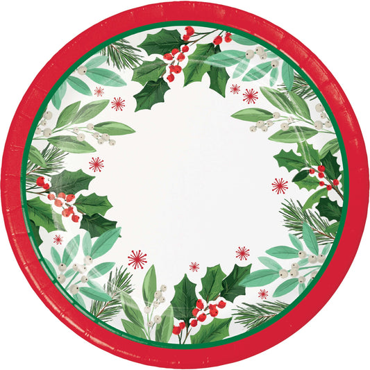 Round paper plate with Christmas-themed design featuring holly leaves and berries with red trim on a white background.