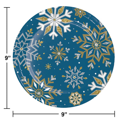 Round paper plate with snowflake design on a blue background, size 9 inches.