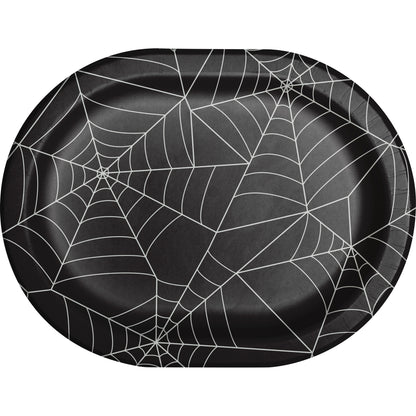 Creepy Characters Halloween Spider Webs Oval Dinner Plates 96 ct. Black oval plate with a spider web on the front