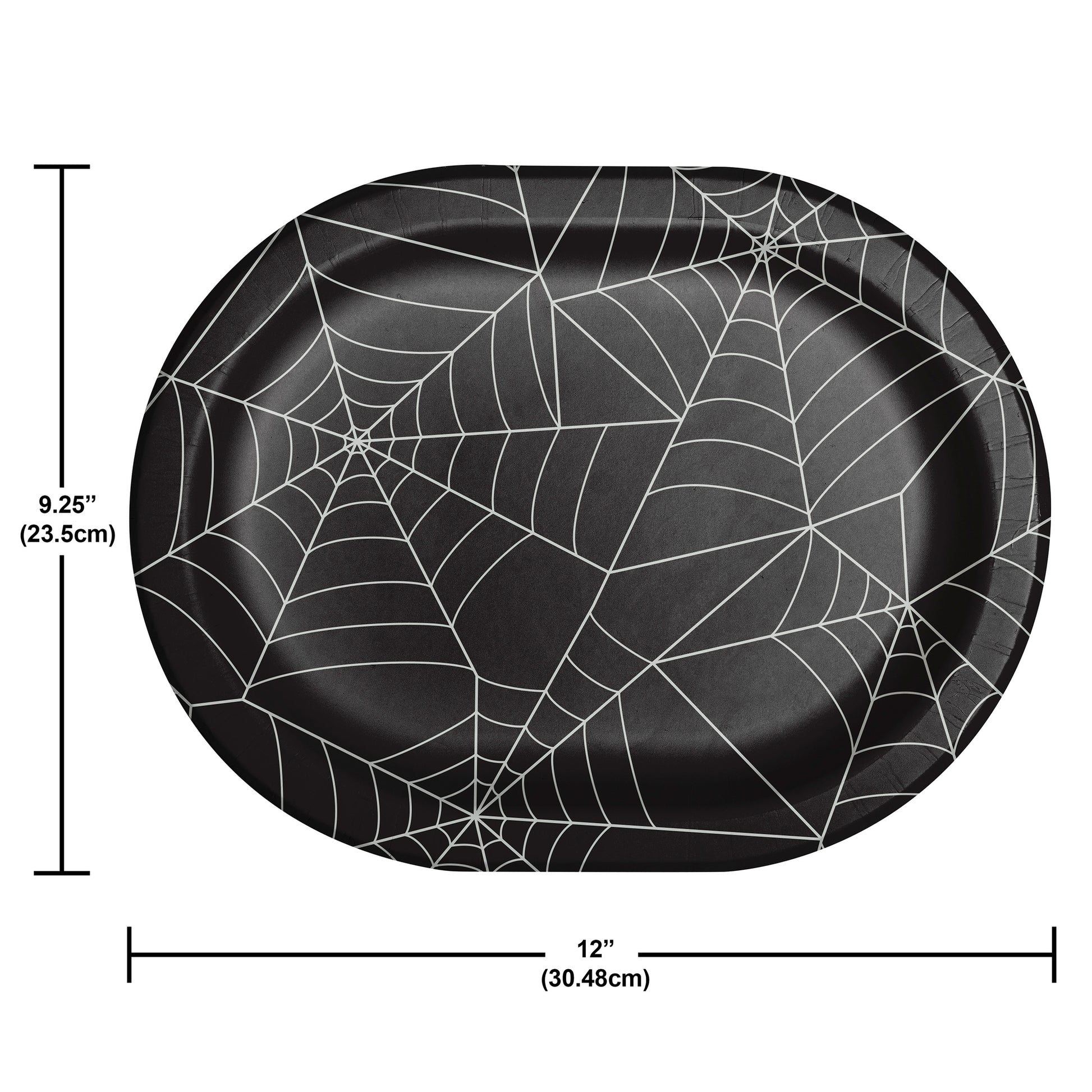Creepy Characters Halloween Spider Webs Oval Dinner Plates 96 ct. Black paper plate with spider web pattern and measurements on a white background