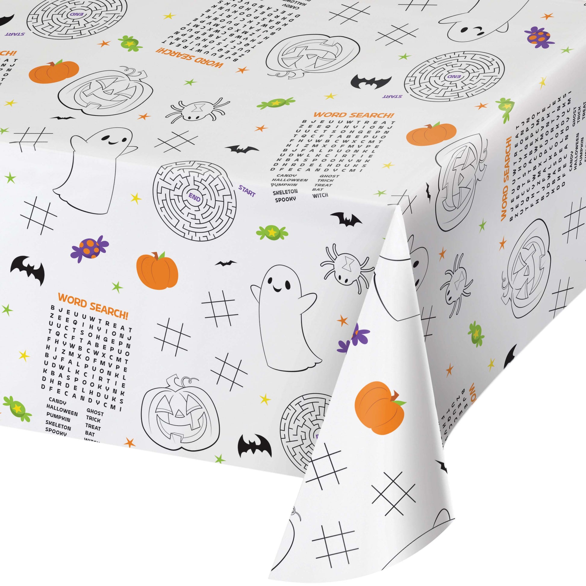Kids Halloween Activities Paper Tablecloths 12 ct. Halloween-themed tablecloth with ghost, pumpkin, and maze designs on a white background.