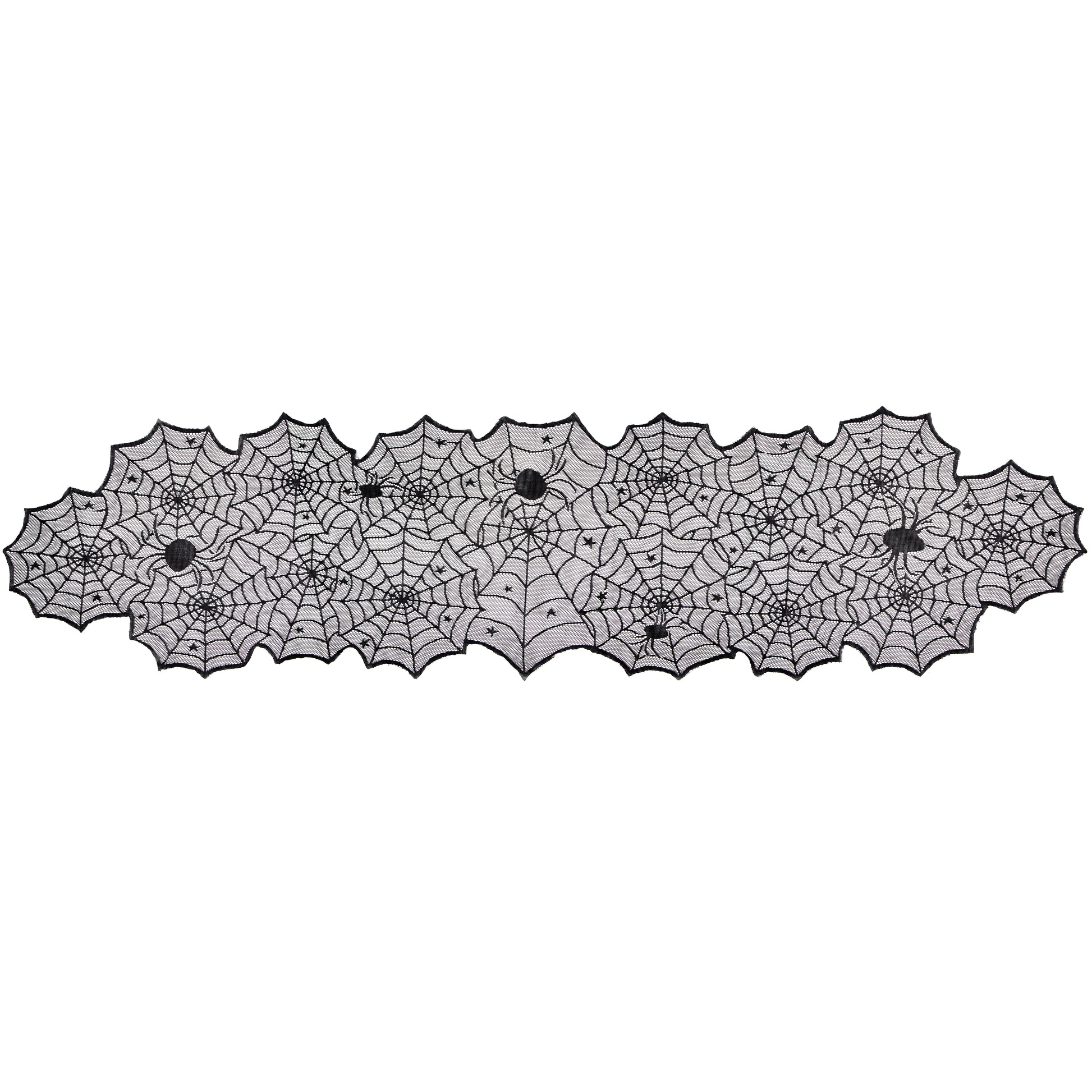 Black Lace Webs Table Runners 12 ct. Black spider web table runner on a white background
