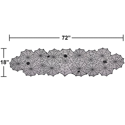 Black Lace Webs Table Runners 12 ct. Spider web table runner with measurements on a white background
