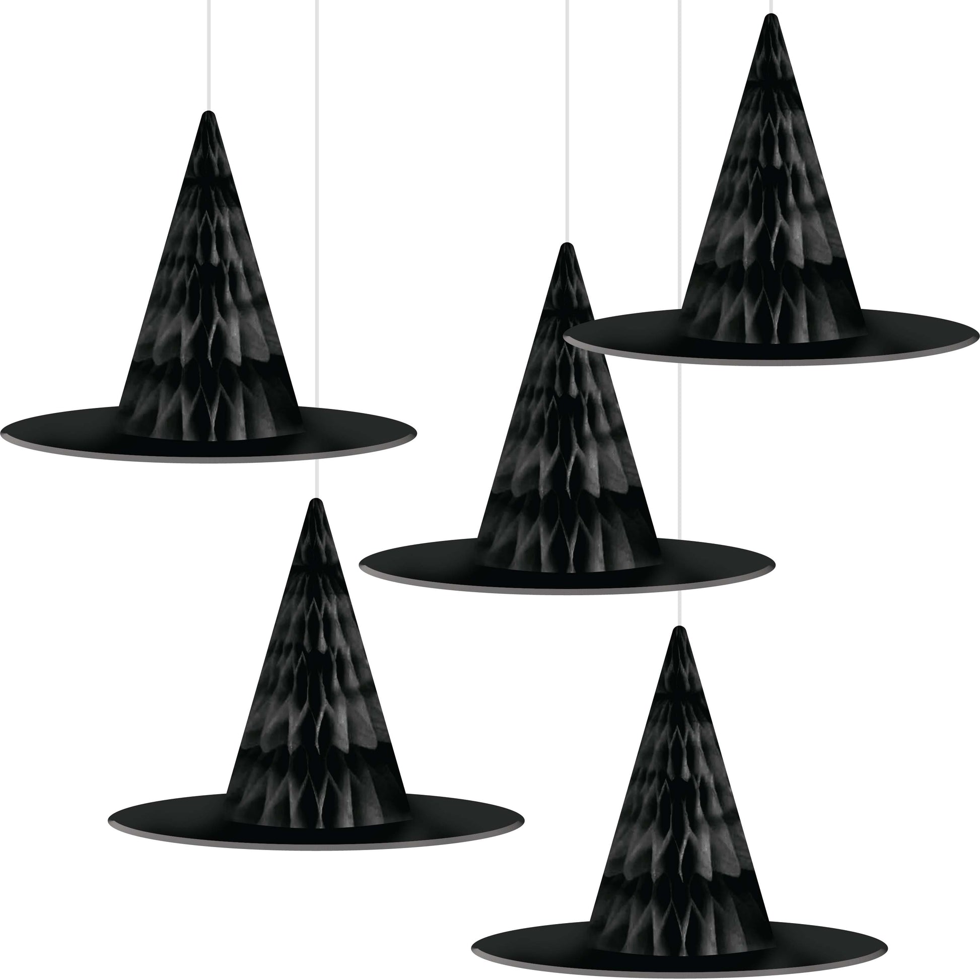 Hanging Witch Hats Halloween Decor 60 ct. Set of five black witch hats hanging against a white background
