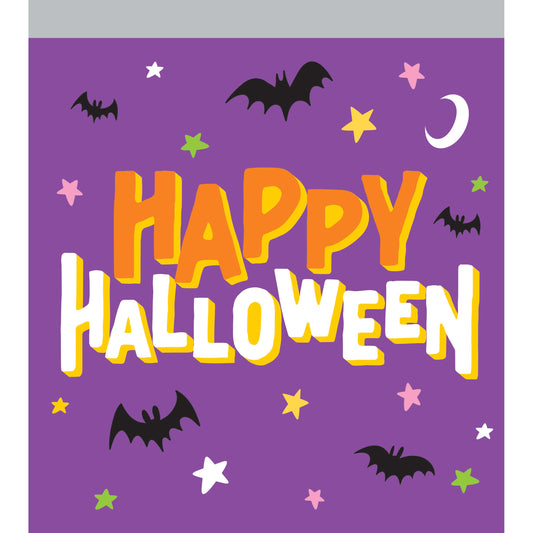 Happy Halloween Plastic Sandwich Zipper Bags 120 ct. Purple Halloween-themed paper with 'Happy Halloween' text and decorative elements on a white background