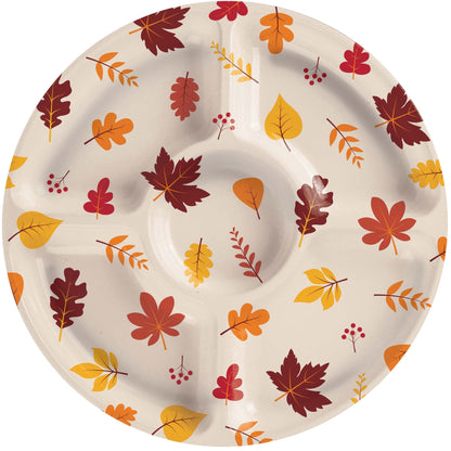 Fall Leaves Plastic Compartment Serving Trays 6 ct. Round plastic divided serving tray with autumn leaf pattern on a white background