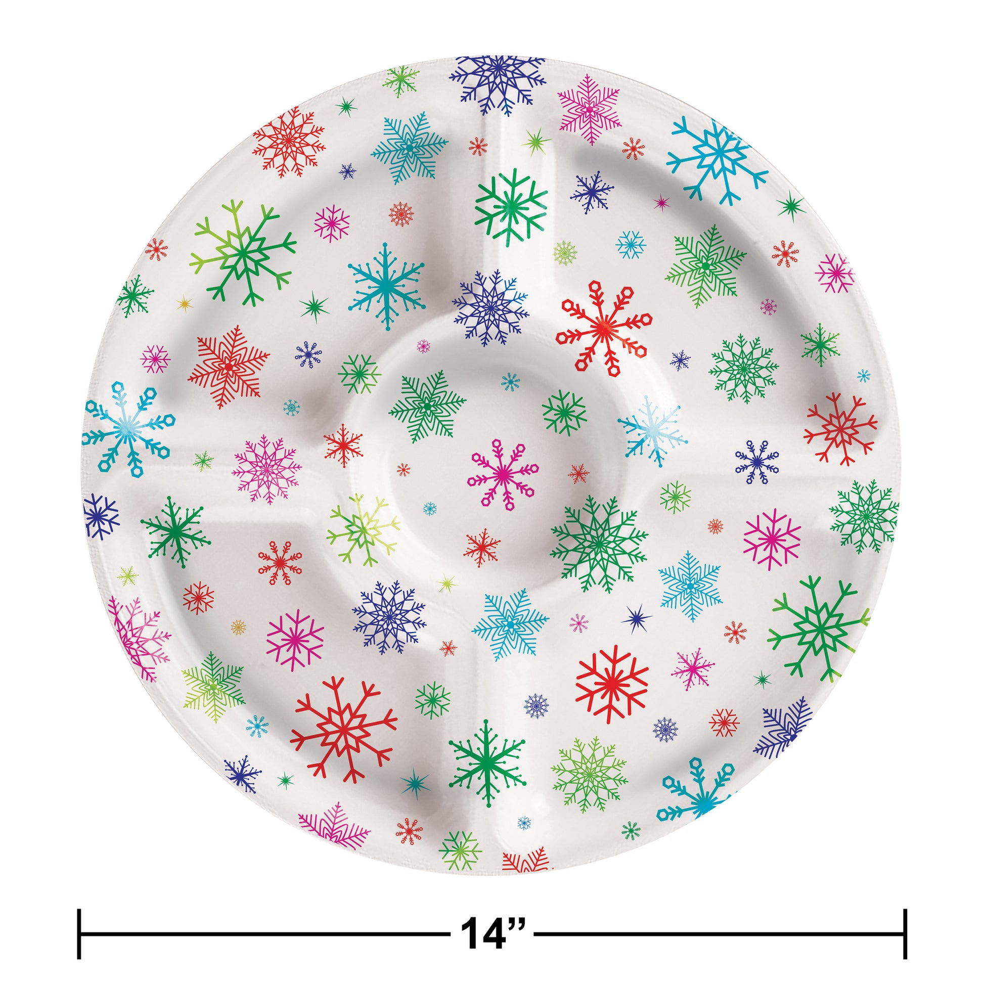 Plastic serving tray with 5 compartments and colorful snowflakes on a white background. Measurements shown.