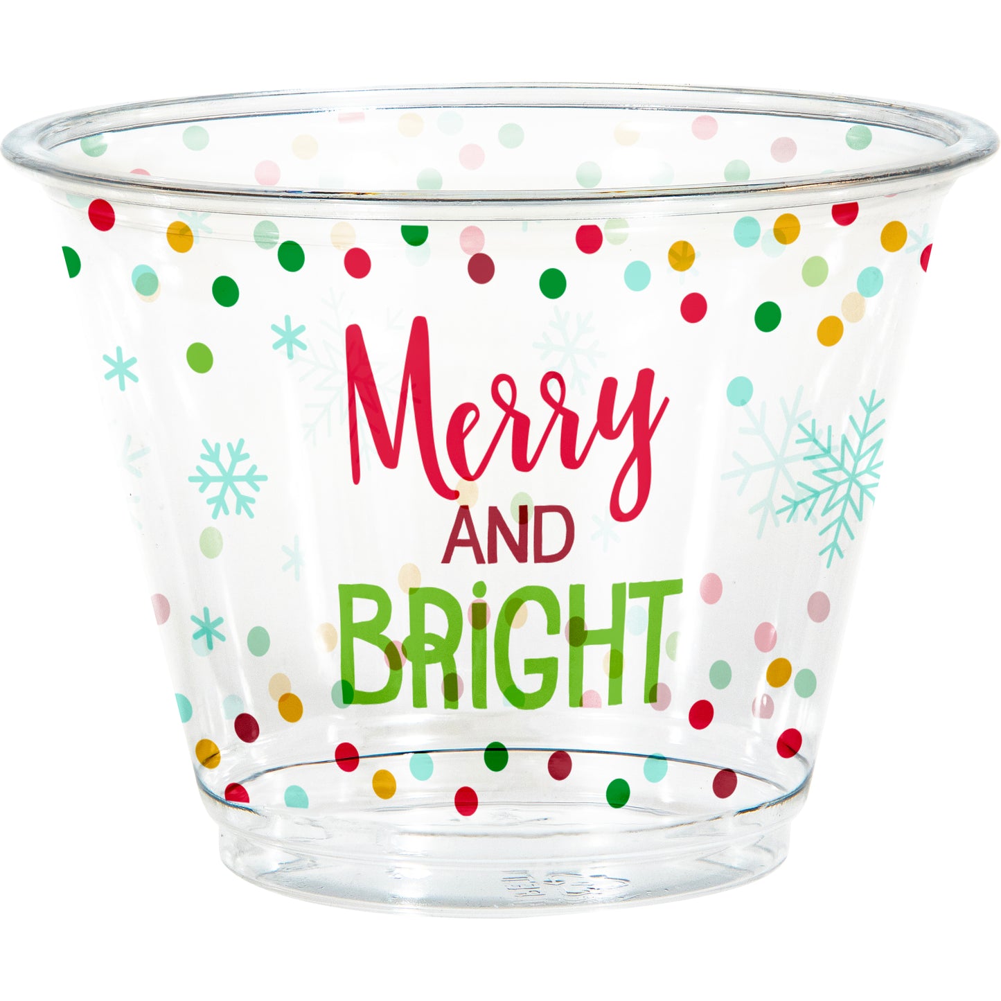 9 oz. plastic tumbler cups with "Merry and Bright" text, snowflakes and multicolor polka dots