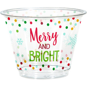 9 oz. plastic tumbler cups with "Merry and Bright" text, snowflakes and multicolor polka dots