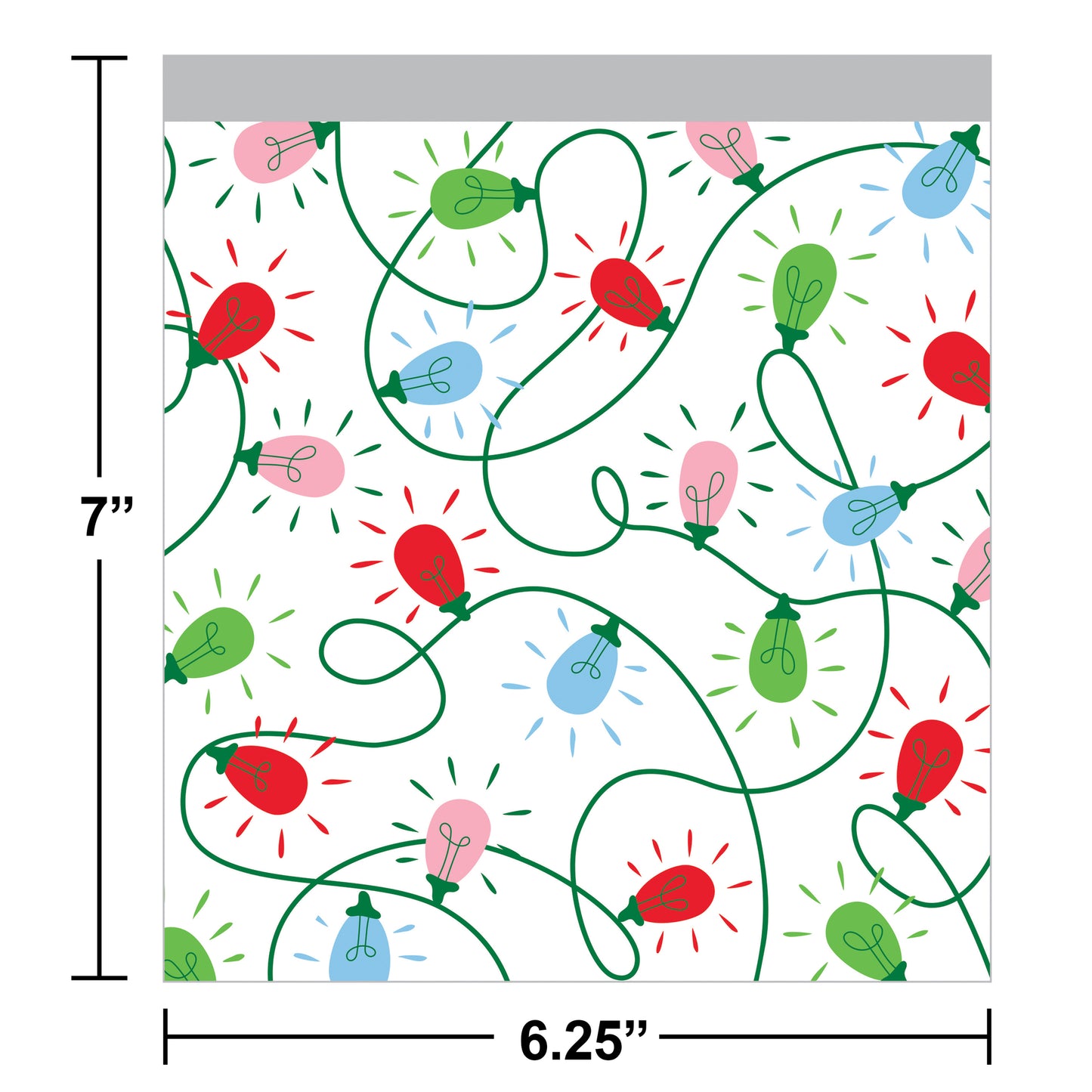 Favor bag of colorful Christmas lights on a white background. Measurements shown.