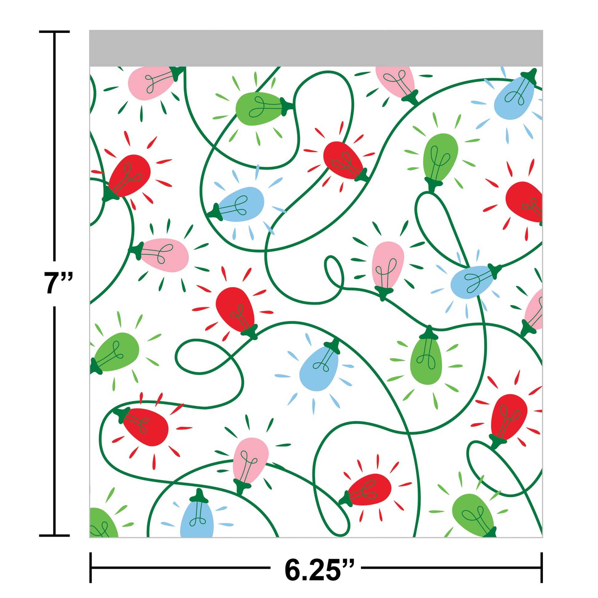 Favor bag of colorful Christmas lights on a white background. Measurements shown.