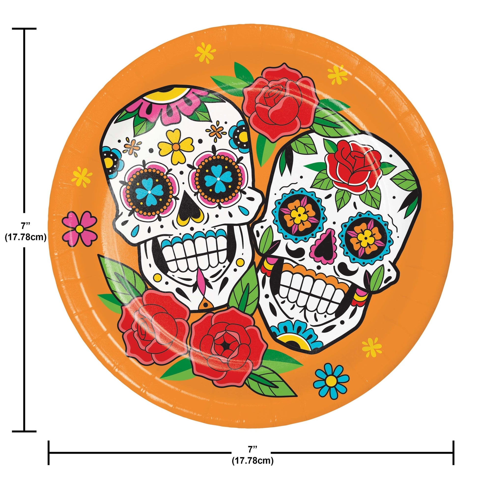 Skelebration Dessert Paper Plates 96 ct. Decorative paper plate with colorful skull design and roses, featuring measurements.