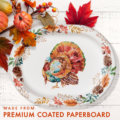 Tasteful Turkey Oval Dinner Paper Plates 96 ct. Decorative paper plate with a turkey design and autumn elements on a white background.
