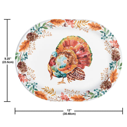 Tasteful Turkey Oval Dinner Paper Plates 96 ct. Decorative plate with a turkey design and autumn leaves, shown with dimensions.