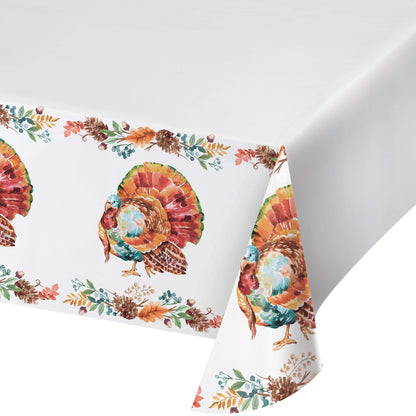 Tasteful Turkey Paper Tablecloths 12 ct. Tablecloth with turkey and floral design on a white background