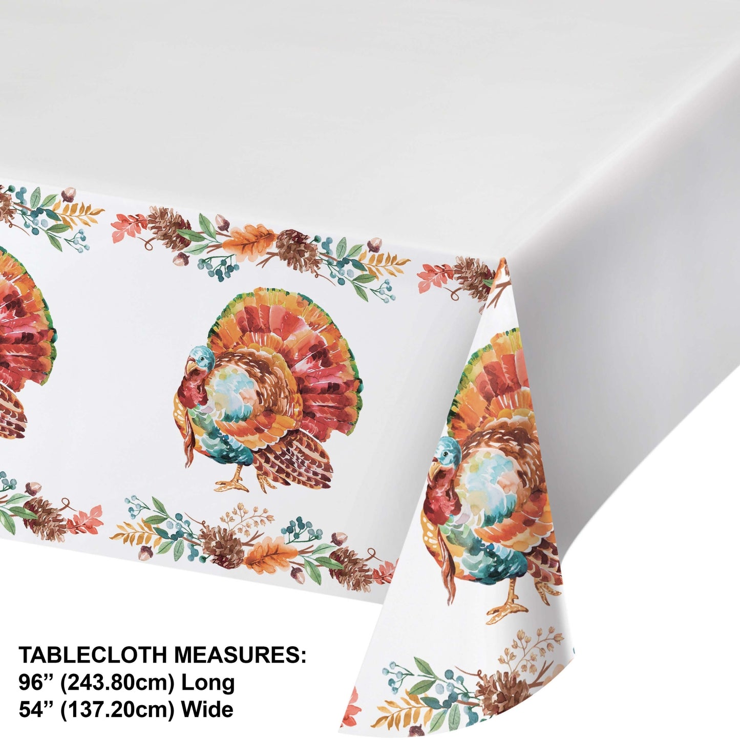 Tasteful Turkey Paper Tablecloths 12 ct. Tablecloth with turkey and leaf pattern on a white background