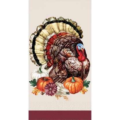 Vintage Turkey Dinner Napkins 192 ct. Decorative paper dinner napkin with a turkey and pumpkins design on a beige background
