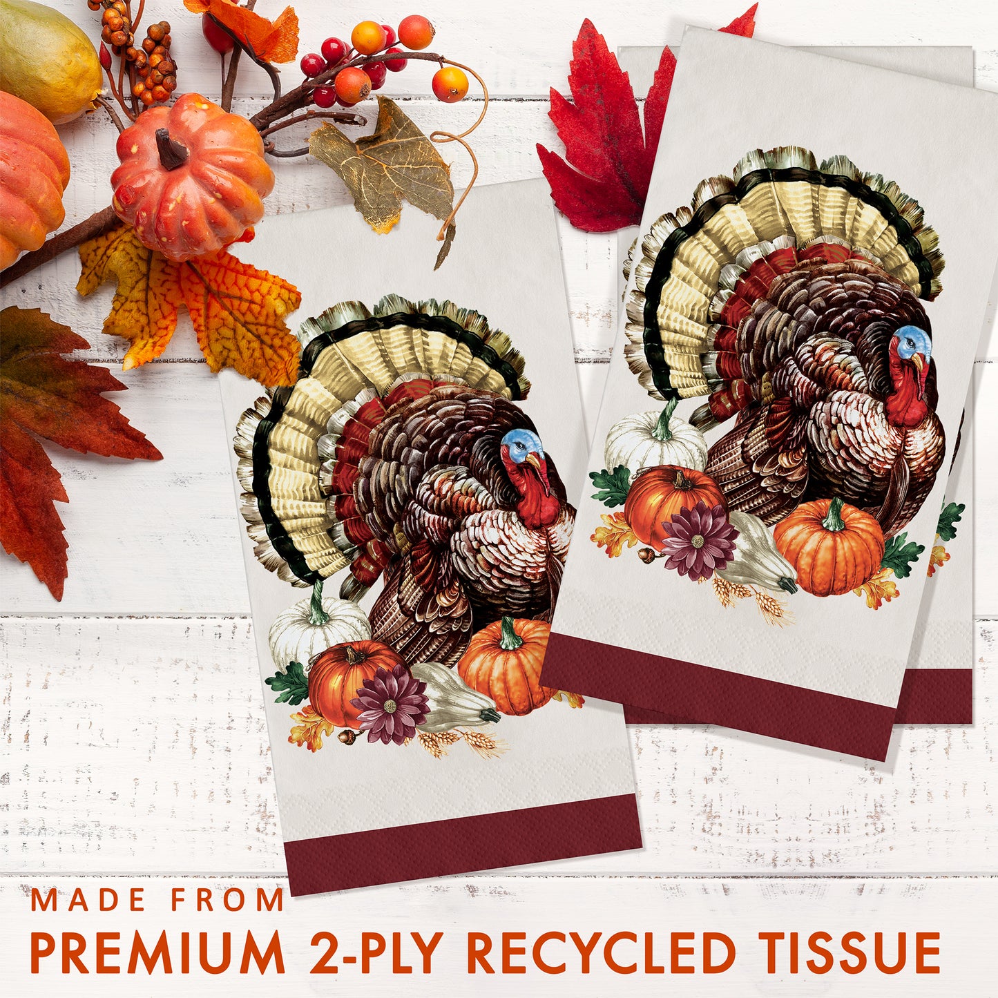 Vintage Turkey Dinner Napkins 192 ct. Decorative paper dinner napkin with a turkey and pumpkins design on a beige background