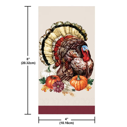 Vintage Turkey Dinner Napkins 192 ct. Decorative paper dinner napkin with a turkey and pumpkins design on a beige background