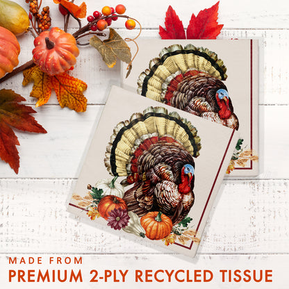 Vintage Turkey Dinner Napkins 192 ct. Decorative  paper napkin of a turkey with pumpkins and flowers on a beige background