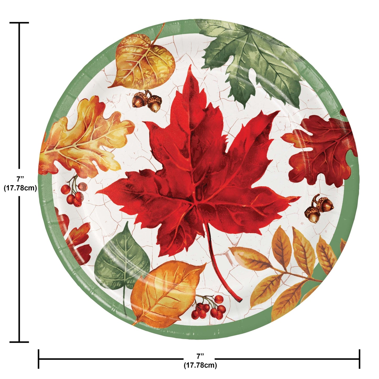 Autumn Air Dessert Paper Plates 96 ct. Round paper plate with autumn leaf design and measurements