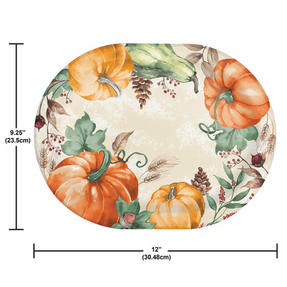 Harvest Delight Oval Dinner Paper Plates 96 ct. Round plate with pumpkin and leaf design, shown with measurements.