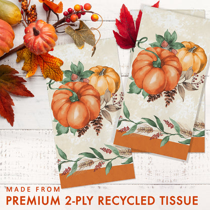 Harvest Delight Dinner Napkins 192 ct. Napkins with pumpkin and leaf design on a white wooden surface, with text about tissue quality.