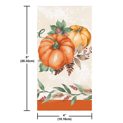 Harvest Delight Dinner Napkins 192 ct. Decorative paper napkin with pumpkins and measurements on a white background