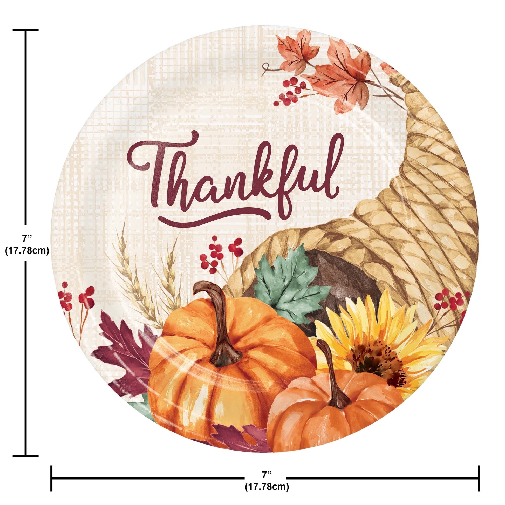 Fall Feast Dessert Paper Plates 96 ct. Round plate with 'Thankful' text, pumpkins, and autumn leaves with measurements.