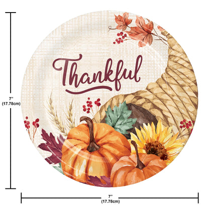 Fall Feast Dessert Paper Plates 96 ct. Round plate with 'Thankful' text, pumpkins, and autumn leaves with measurements.