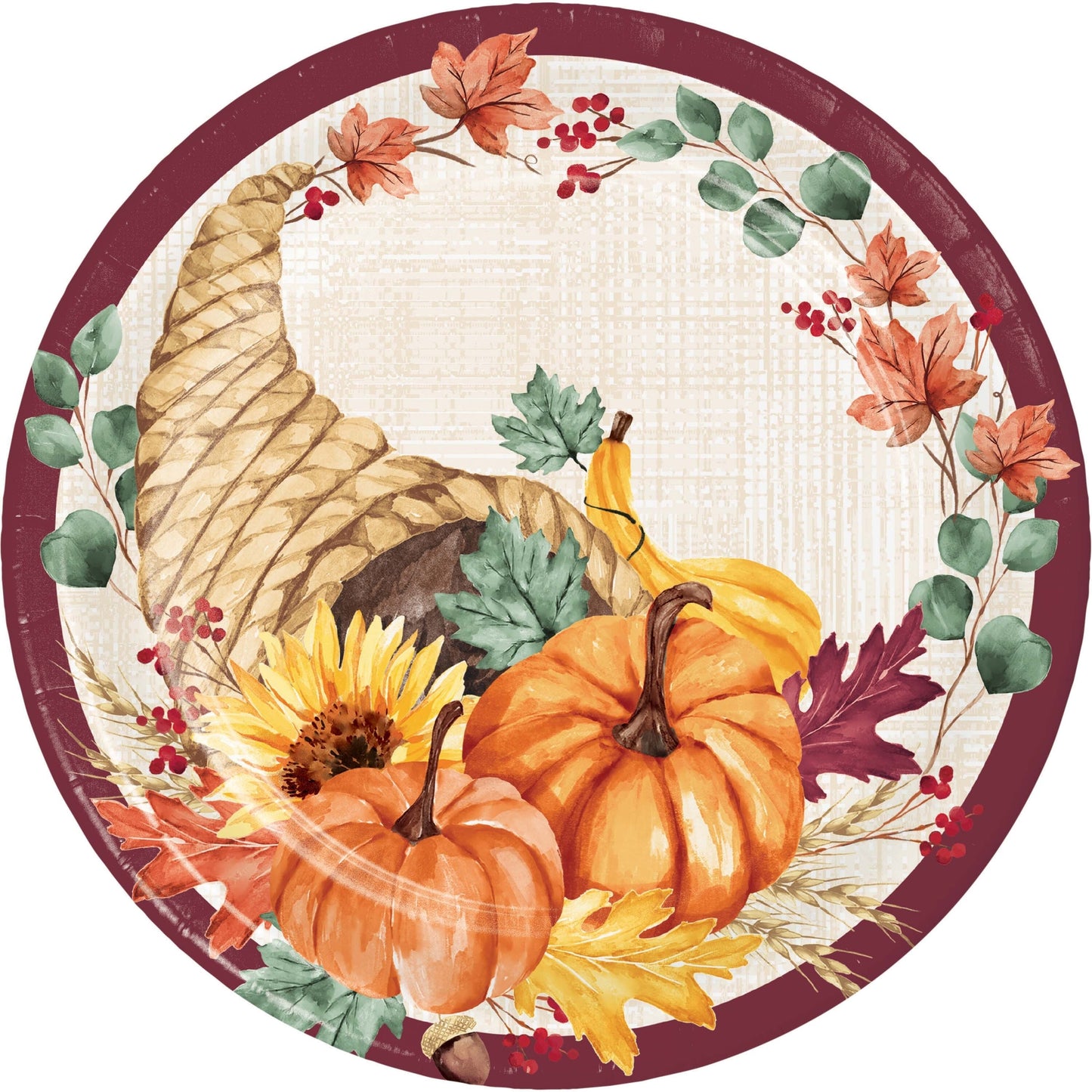 Fall Feast Dinner Paper Plates 96 ct. Decorative plate with autumn-themed design featuring pumpkins, sunflowers, and leaves.