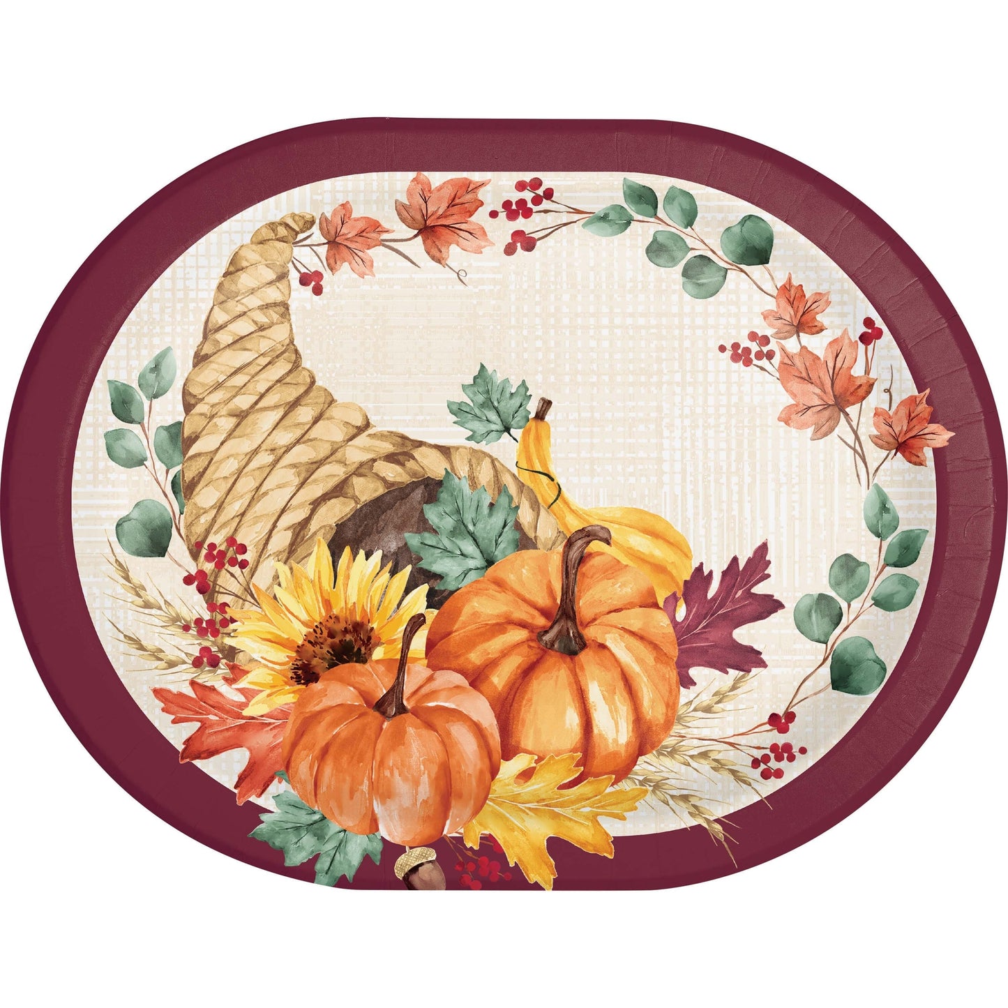 Fall Feast Oval Dinner Paper Plates 96 ct. Decorative plate with cornucopia, pumpkins, and autumn leaves on a white background