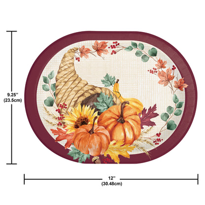 Fall Feast Oval Dinner Paper Plates 96 ct. Round placemat with autumn design featuring pumpkins, cornucopia, and leaves with measurements.