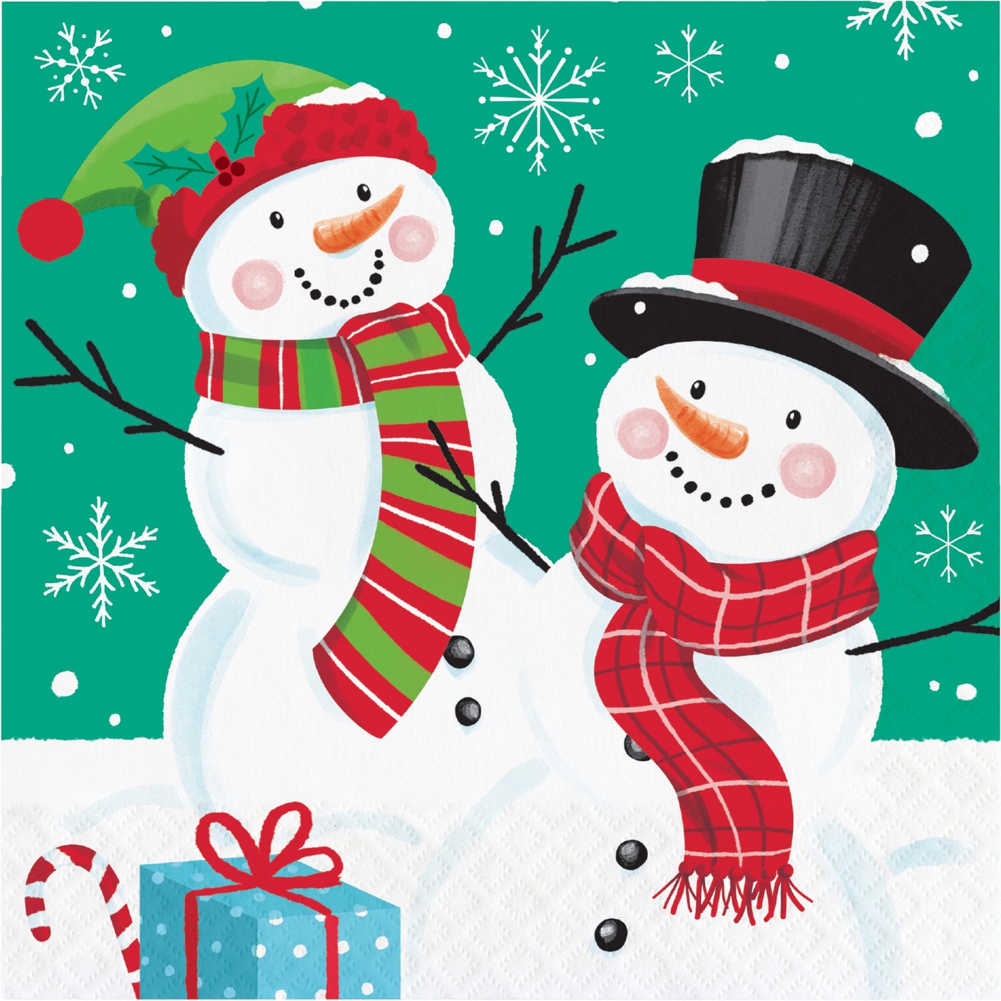 Frosty Friends Luncheon Napkins 192 ct. Two snowmen with festive accessories on a green background with snowflakes