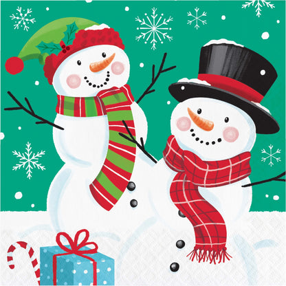 Frosty Friends Luncheon Napkins 192 ct. Two snowmen with festive accessories on a green background with snowflakes