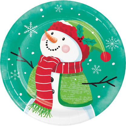 Frosty Friends Dessert Paper Plates 96 ct. Christmas-themed paper plate with a snowman design on a green background