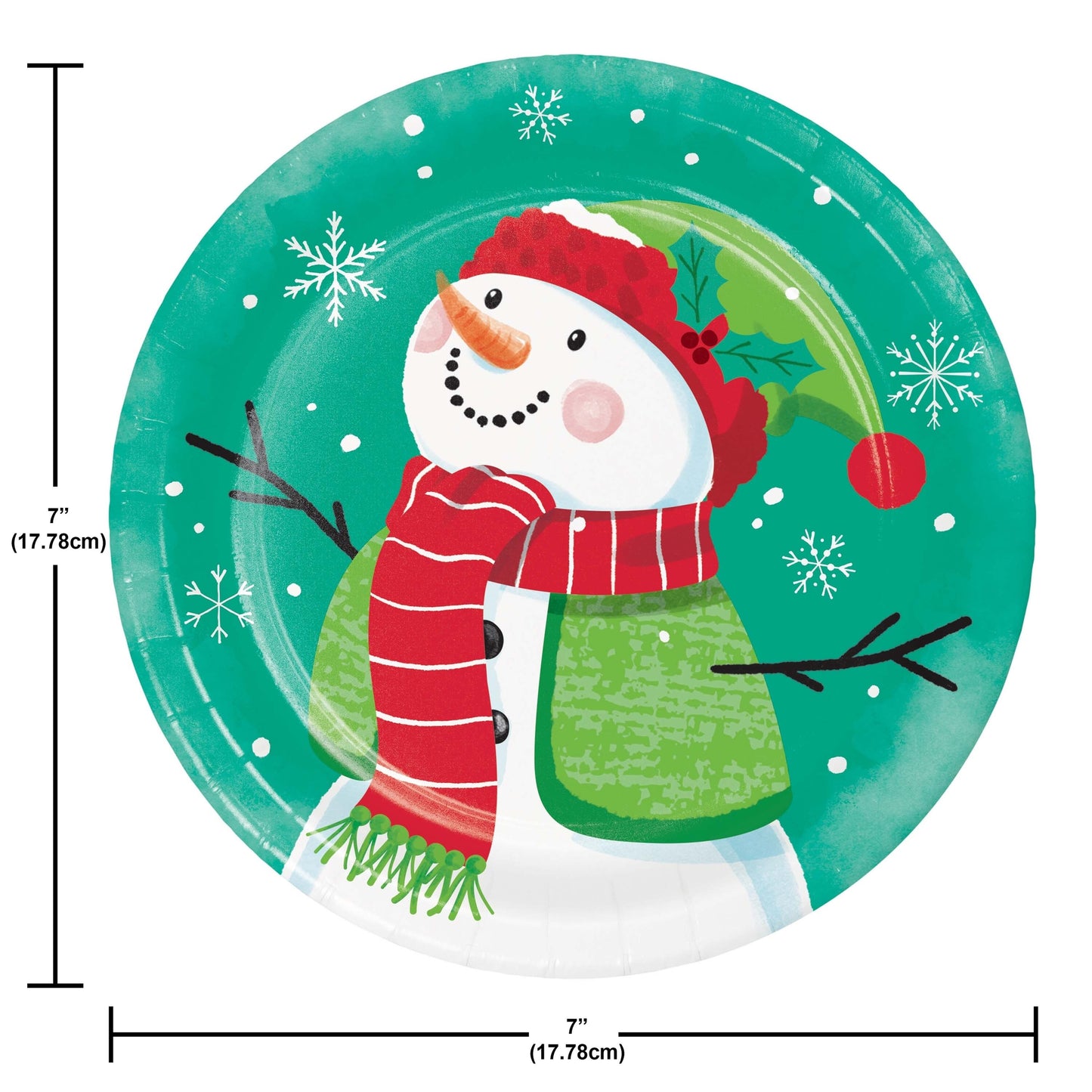 Frosty Friends Dessert Paper Plates 96 ct. Round Christmas-themed plate with a snowman design, size indicated.