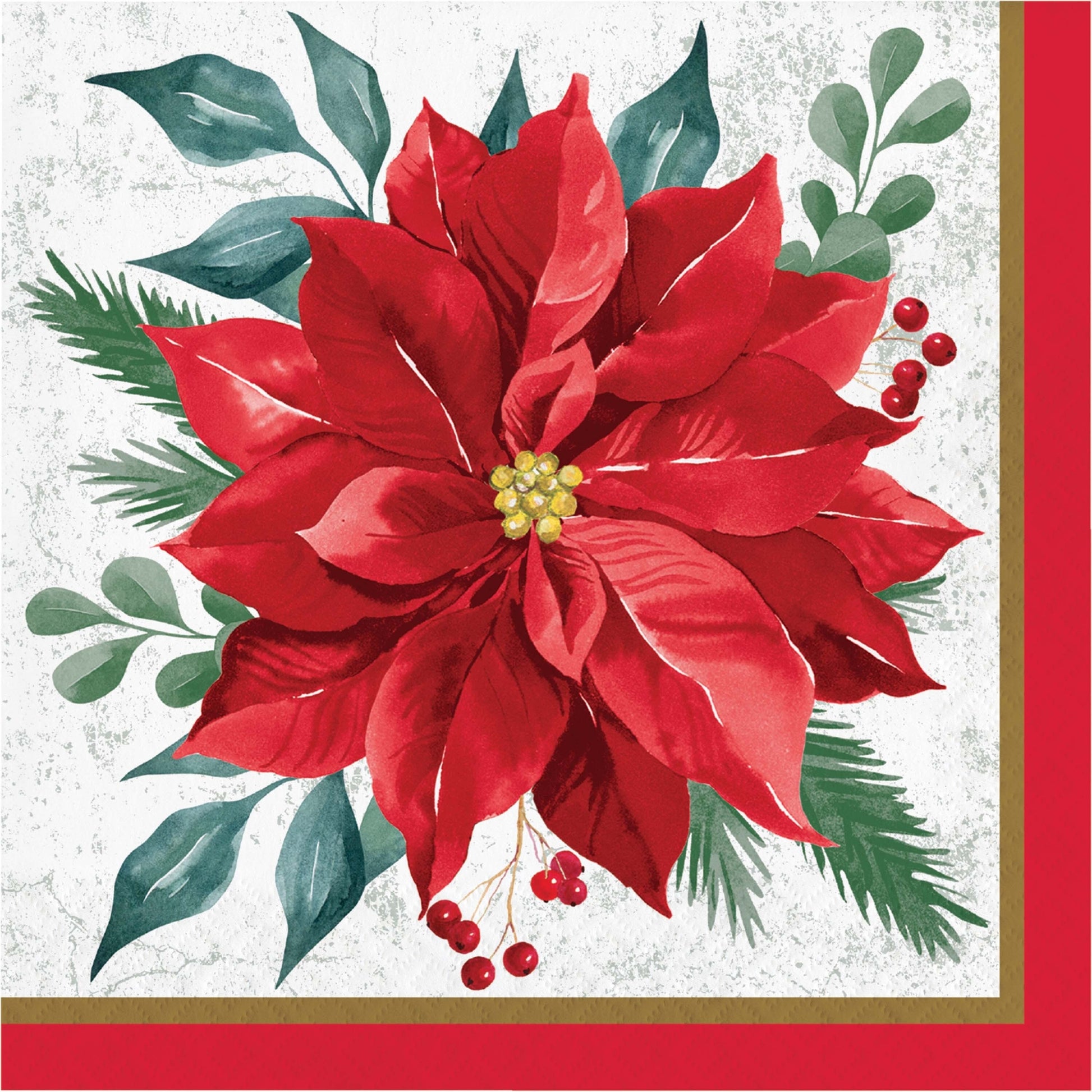 Festive Floral Luncheon Napkins 192 ct. Paper napkin with a red poinsettia flower design on a white background and a red border