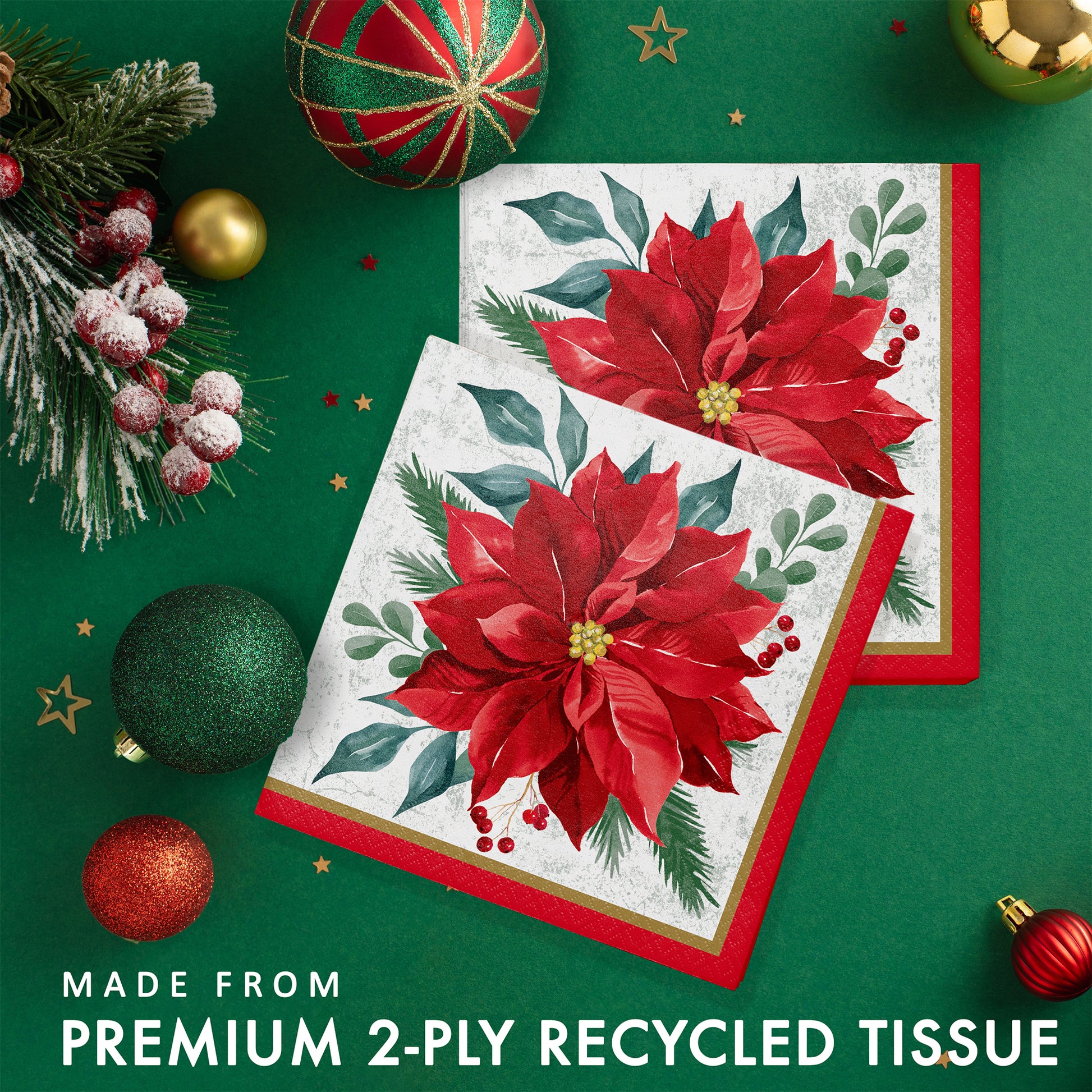 Festive Floral Luncheon Napkins 192 ct. 
Two Christmas-themed paper napkins with poinsettia design on a green background with festive decorations.
