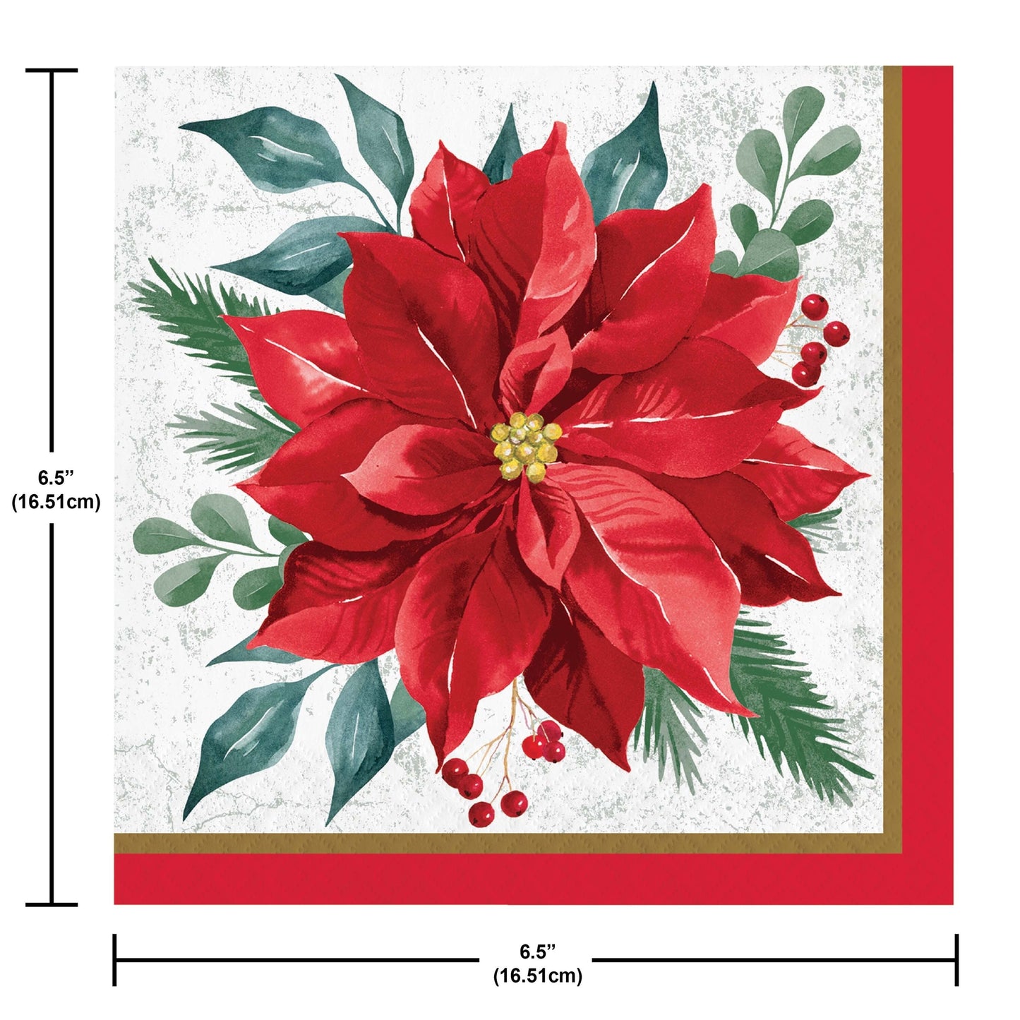 Festive Floral Luncheon Napkins 192 ct. Paper napkin with a red poinsettia flower design on a white background and a red border. Measurements displayed.