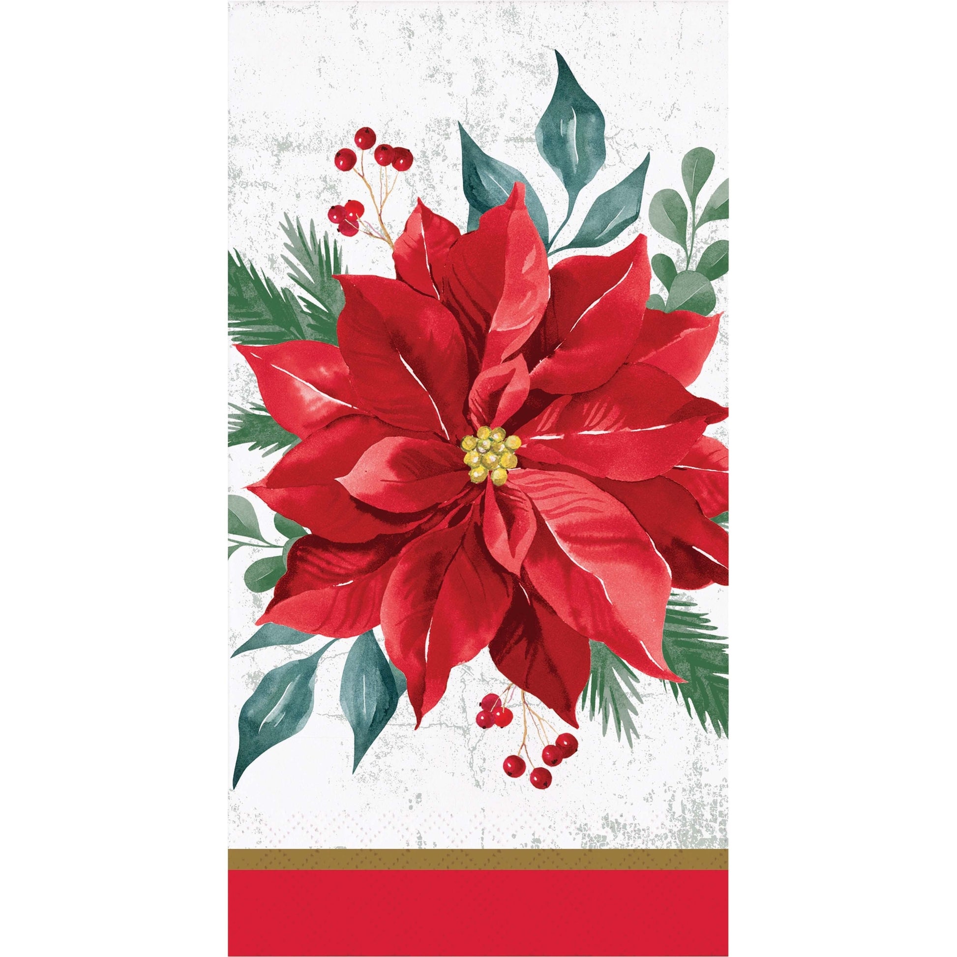 Festive Floral Dinner Napkins 192 ct. Red poinsettia flower paper napkin with green leaves and red berries on a white background