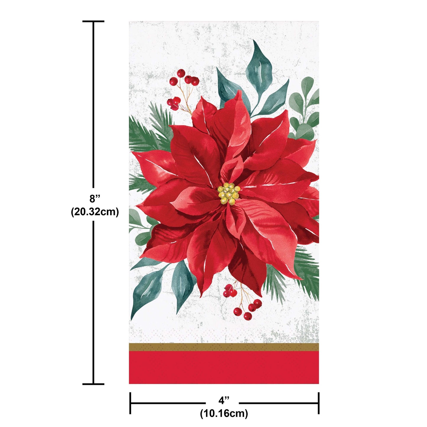 Festive Floral Dinner Napkins 192 ct. Red poinsettia flower paper napkin with green leaves and red berries on a white background. Measurements listed