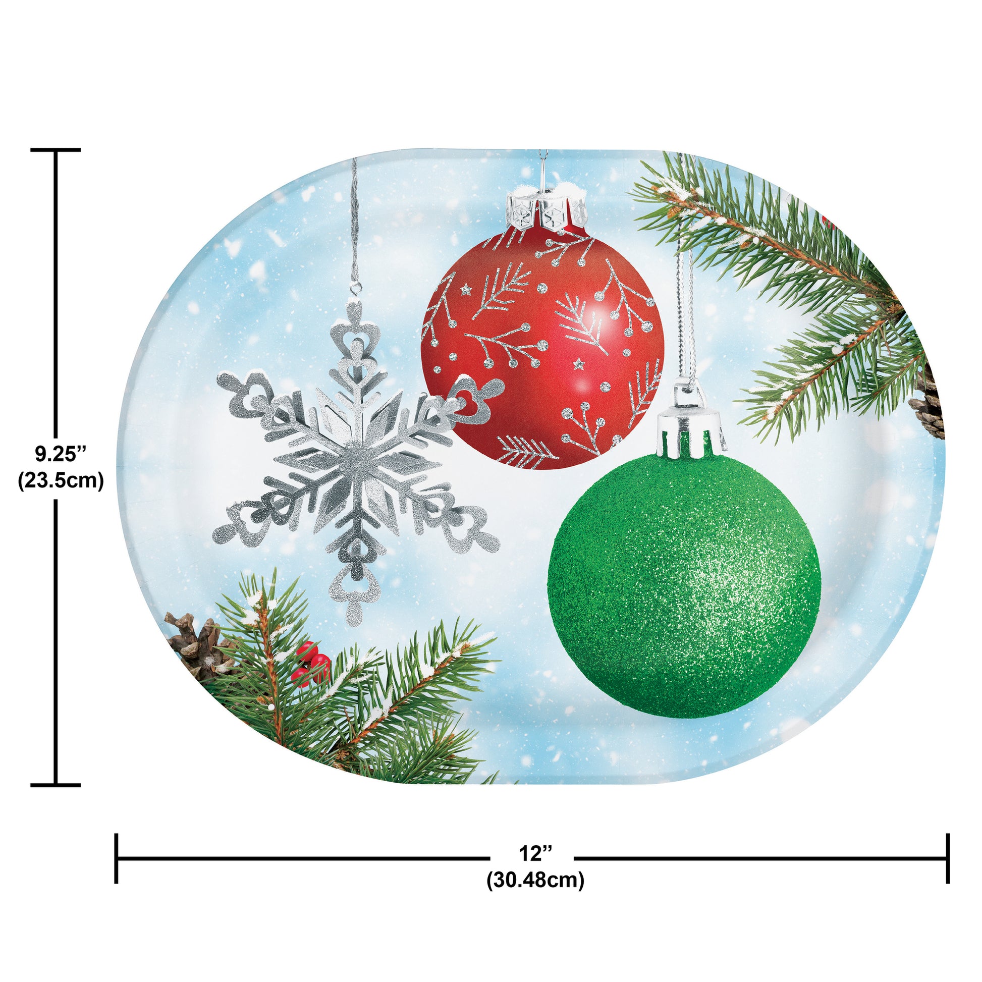 Decorative paper plate with Christmas ornaments, including a red ball, green ball, and snowflake, with dimensions displayed.