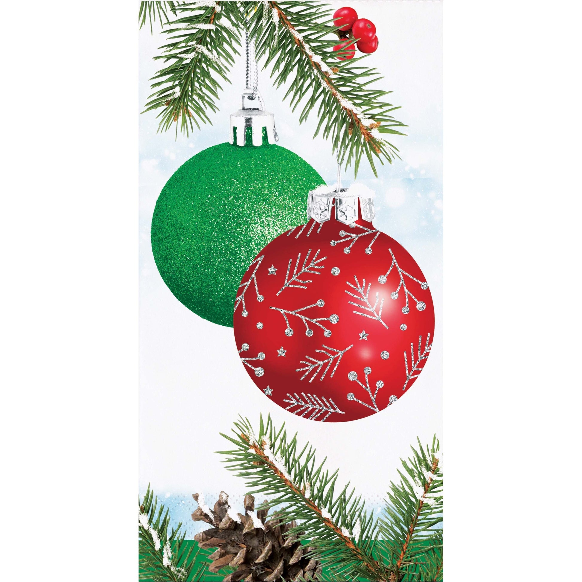Decorative paper napkin with Christmas ornaments and greenery on a white background