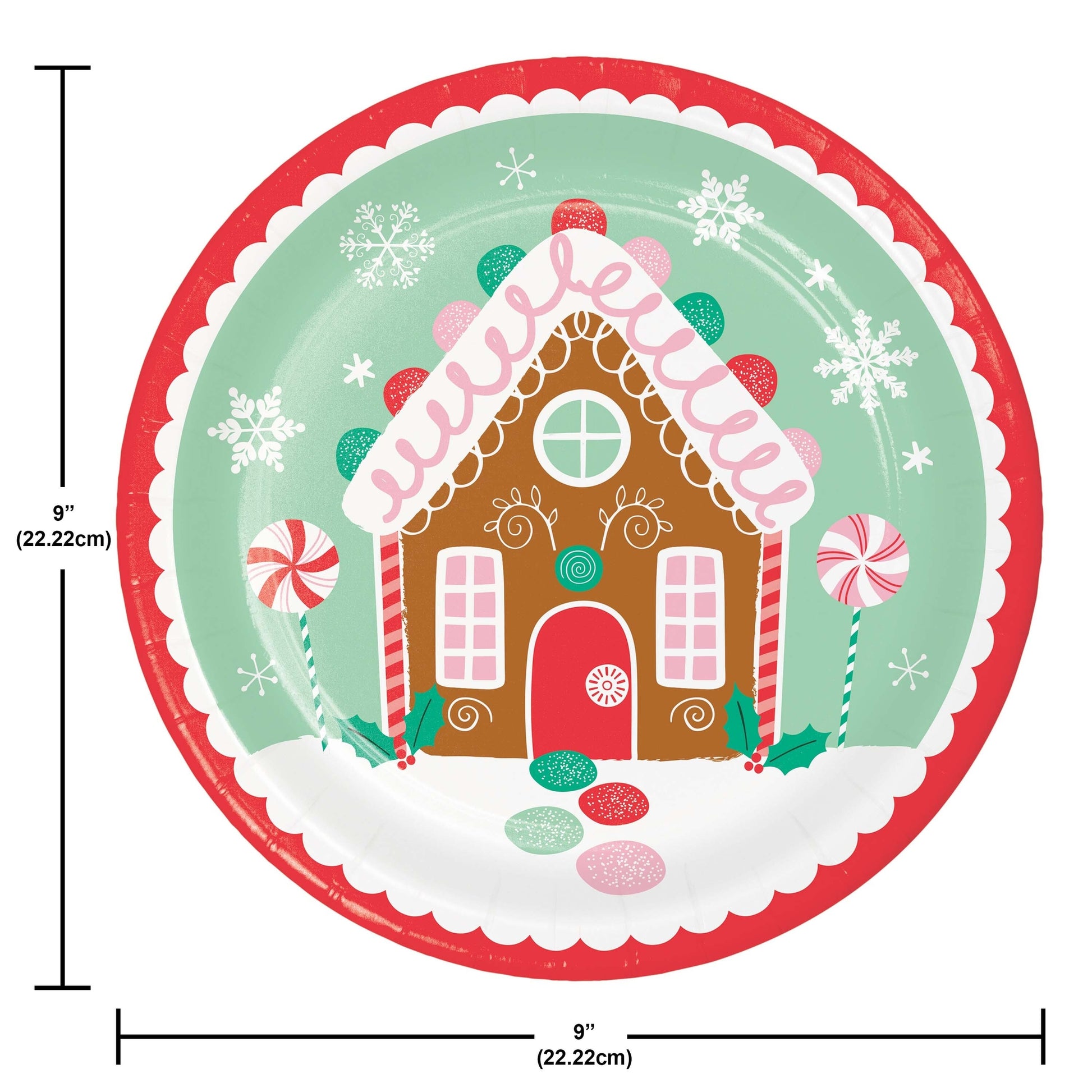 Round plate with a gingerbread house design and measurements on a white background