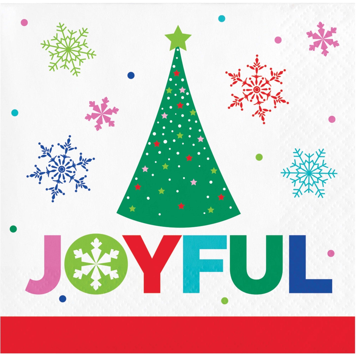 Joyful and Jolly Beverage Napkins 192 ct. Colorful Christmas-themed design with a tree, snowflakes, and the word 'JOYFUL'.