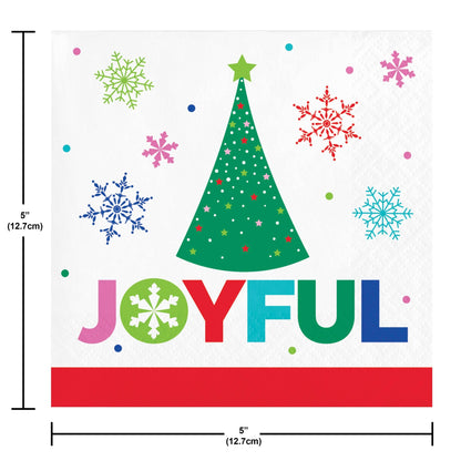 Joyful and Jolly Beverage Napkins 192 ct. Two Christmas-themed napkins with a green tree, colorful snowflakes, and the word 'JOYFUL'.